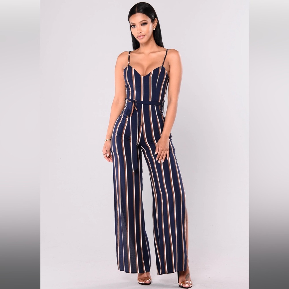 Stripe tie wide split leg jumpsuit navy camel